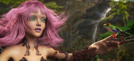 Fantasy girl - rendering, elf, girl, luminos, frog, pink, hand, fantasy