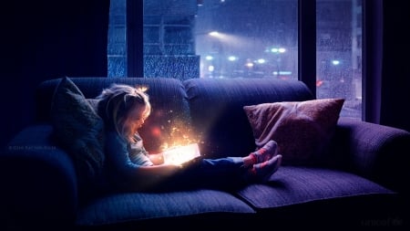 Magical book - little girl, sofa, blue, magical book, window, night, copil, orange, child, fantasy, luminos