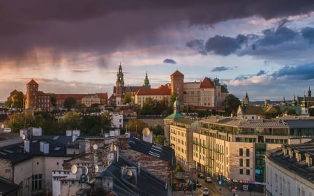 Krakow, Poland - clouds, city, castle, krakow, poland