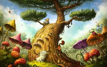 :-) - bird, bufnita, tree, illustration, owl, copac, fantasy, animal, world, mushroom, tomek larek