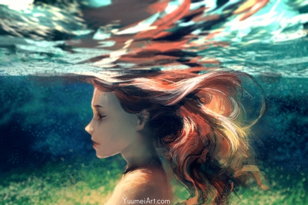 Mermaid - water, blue, girl, orange, yuumei art, fantasy, siren, redhead, mermaid, luminos