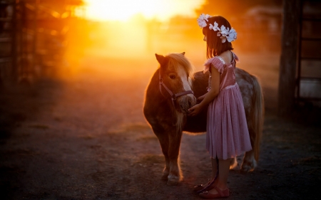 Little Girl - Girl, Sunset, Pony, Bokeh