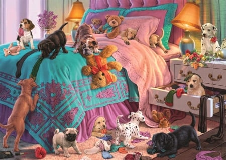 Mischievous Puppies - pretty, puppies, fantasy, retro, bed, vintage, painting, digital, art