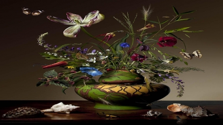 Still life with flowers - Vase, Shell, Flowers, Still life