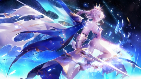 Saber - saber, girl, pink, blue, anime, manga