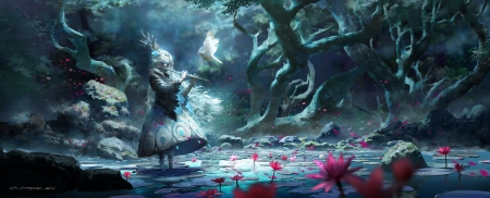 The lost song - flute, dove, instrument, fantasy, art, luminos, anime, manga, lake, bird, lotus, pasari, forest, pink, blue, flower, dress