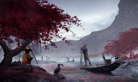 :-) - bird, water, boat, evening, man, pasari, fantasy, heron, art, luminos