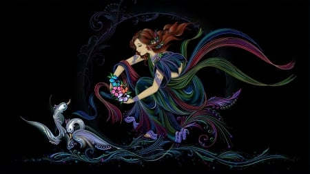 Swan's lake - black, fantasy, swan, girl, lake, flower, art