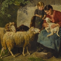 The farmer's wife with daughter and sheeps