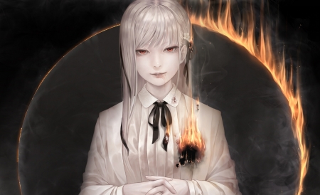 Eclipse - moon, realistic, girl, black, bouno satoshi, fantasy, fire, eclipse, white, luminos, orange, luna