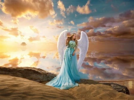 Angel - blue, dress, girl, angel, orange, frumusete, fantasy, white, sunset, wings, cloud, luminos