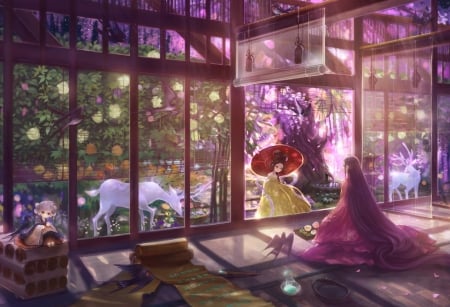 :-) - bird, anime, girl, room, litingting915, kimono, pink, frumusete, manga, umbrella, parasol, deer, asian, luminos