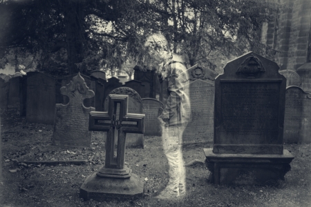 Ghostly Image in Front of Headstone - ghosts, headstones, landscape, haunted nights, nature, cemeteries