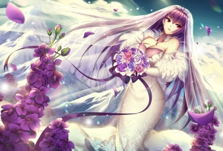 Bride - white, purple, girl, anime, bride, meaomao, flower, manga