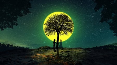 Moonlight - moon, silhouette, couple, night, black, fantasy, ghost, halloween, full, yellow, aadarsh tm, luna