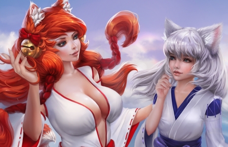 Fox girls - blue, fox, girl, orange, cysh, frumusete, fantasy, alexandra cvetkova, white, couple, luminos