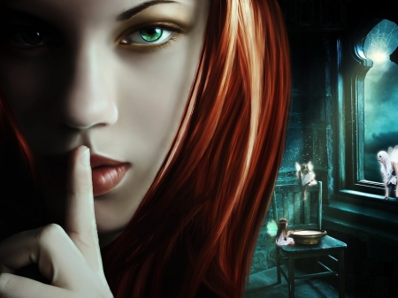 Shhh - moon, face, redhead, girl, night, luna, fairy, fantasy