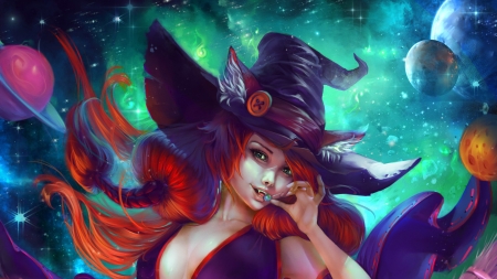 Halloween Cysh - halloween, girl, frumusete, fox, redhead, blue, witch, hat, orange, alexandra cvetkova, cysh, luminos, green