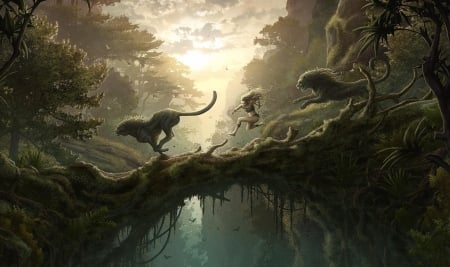 :-) - fantasy, running, leu, girl, jungle, lion, luminos