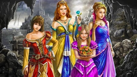 Four Beauties - woman, art, girl, pretty, dresses, digital, wallpaper, fantasy