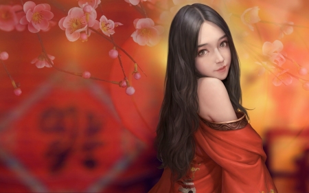 Girl and Cherry Blossom - blossom, art, cherry, girl