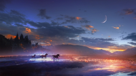 Horses on the beach - colorful, cool, sky, 1920x1080