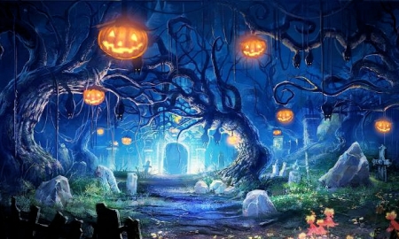 Halloween Pumpkins - bats, cemetery, artwork, night, tree, lights