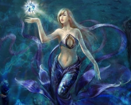 MERMAID - FEMALE, MERMAID, PAINTING, BLUE