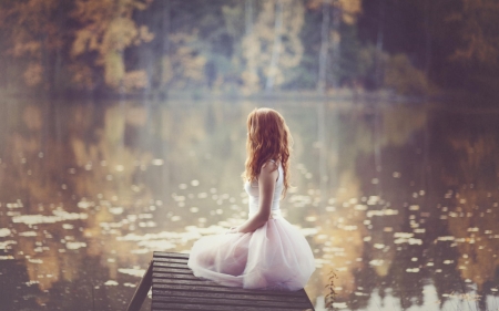 Little Girl - autumn, water, long hair, pond, dress