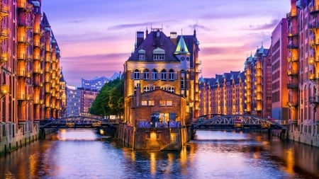 Hamburg - rivers, lights, photography, city, houses, architecture