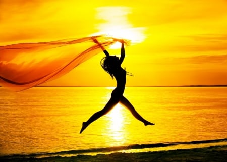 Sunset - Horizon, Girl, Jump, Sunset, Silhouette