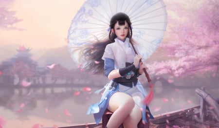 Girl with Parasol - parasol, girl, wallpaper, fantasy, geisha, art, pretty, ruoxin zhang, pastel, digital