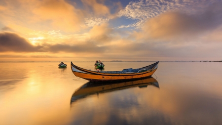 Sunset Boats - boats, sunset, sundown, sea, sunrise, reflection, sky