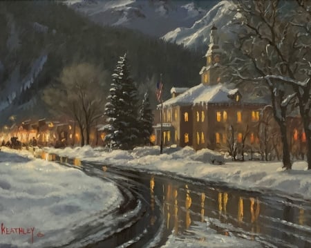 Winter's Eve, Silverton - painting, street, trees, artwork, snow, house