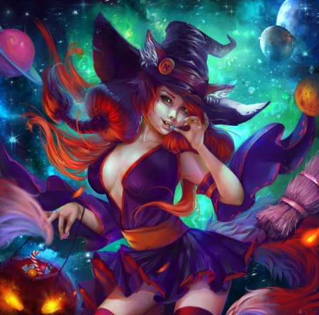 Halloween Cysh - alexandra cvetkova, redhead, hat, girl, frumusete, fantasy, halloween, witch, fox, cysh, luminos, blue, orange