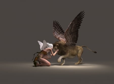 :-) - griffin, fantasy, wings, girl, lion, angel, griphon