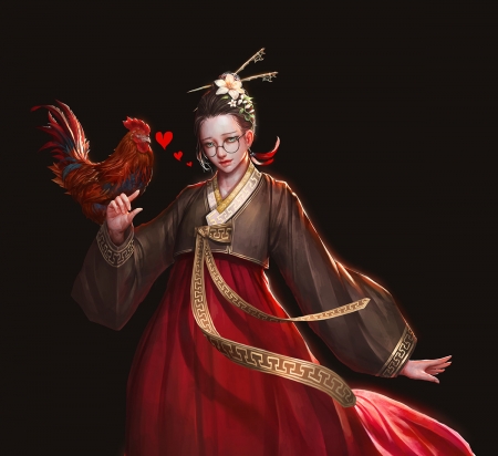 :-) - bird, chinese zodiac, girl, black, fantasy, rooster, glasses, hand, red, jeongseok lee, luminos