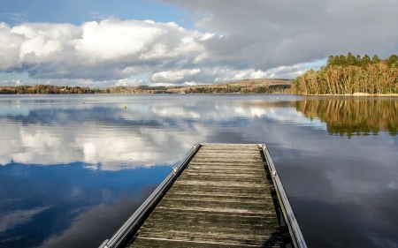 Lake - lake, pier, reflection, clouds