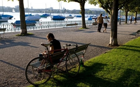 Lakeside Promenade - promenade, lake, switzerland, boats, bicycle