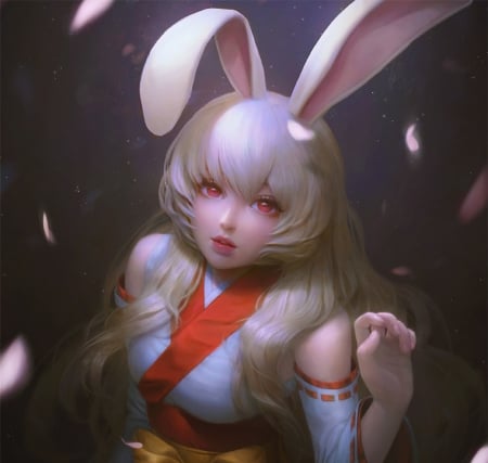 Aki - red, pink, girl, frumusete, fantasy, ears, ina wong, luminos, bunny