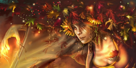 Crimson leaves afire - devious squrl, fantasy, autumn, red, orange, leaf, luminos