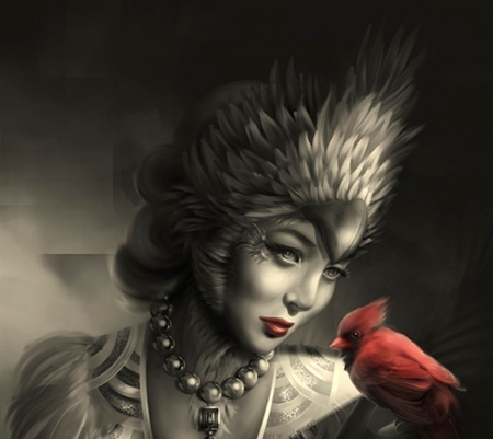 Cardinal - bird, cardinal, girl, feather, padare, jewel, devious squrl, fantasy, red, face, luminos