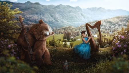 :-) - girl, bear, instrument, urs, indigomr, creative, fantasy, brown, lira, luminos, blue, animal, harpa, harfa, dress