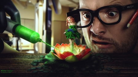 :-) - glasses, girl, fantasy, creative, indigomr, lotus, man, luminos, orange, green, fairy, flower