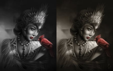 Cardinal (collage) - girl, collage, jewel, bw, pasare, bird, face, red, cardinal, devious squrl