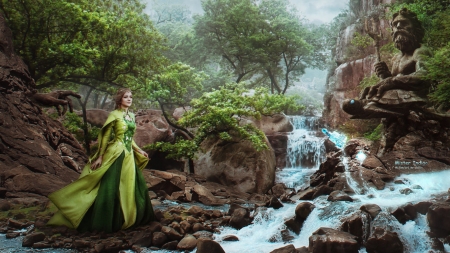 Elixir - girl, water, waterfall, indigomr, fantasy, luminos, green, rock, dress