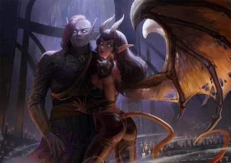 The void and the fel - wings, luminod, demon, fantasy, ina wong, bat, girl, couple