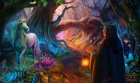 Dark forest - fantasy, suresh pydikondala, girl, forest, unicorn, lantern, luminos