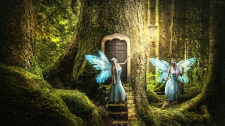 Blue fairies - indigomr, blue, girl, forest, tree, frumusete, fantasy, green, fairy, luminos