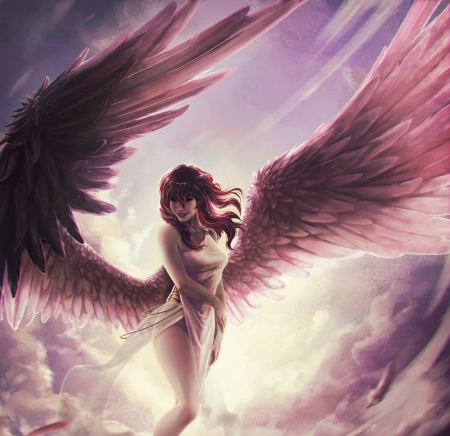 Angel - wings, kaithzer morejon, fantasy, pink, luminos, girl, angel